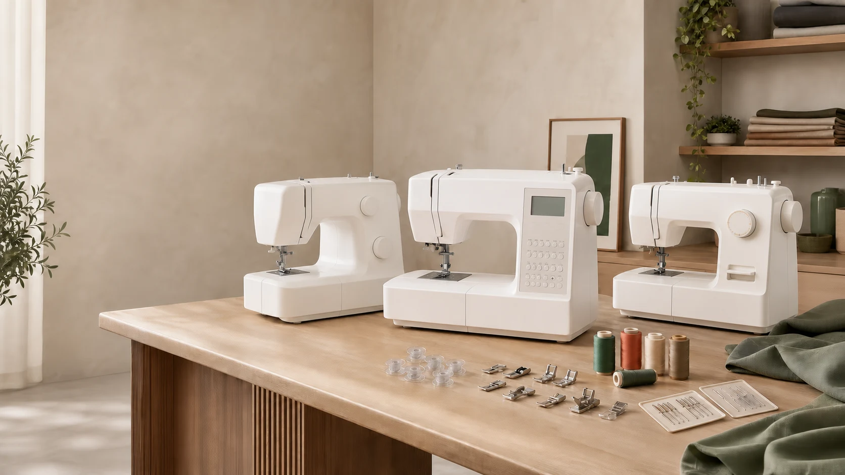 Three unbranded sewing machines and sewing accessories in a professional studio