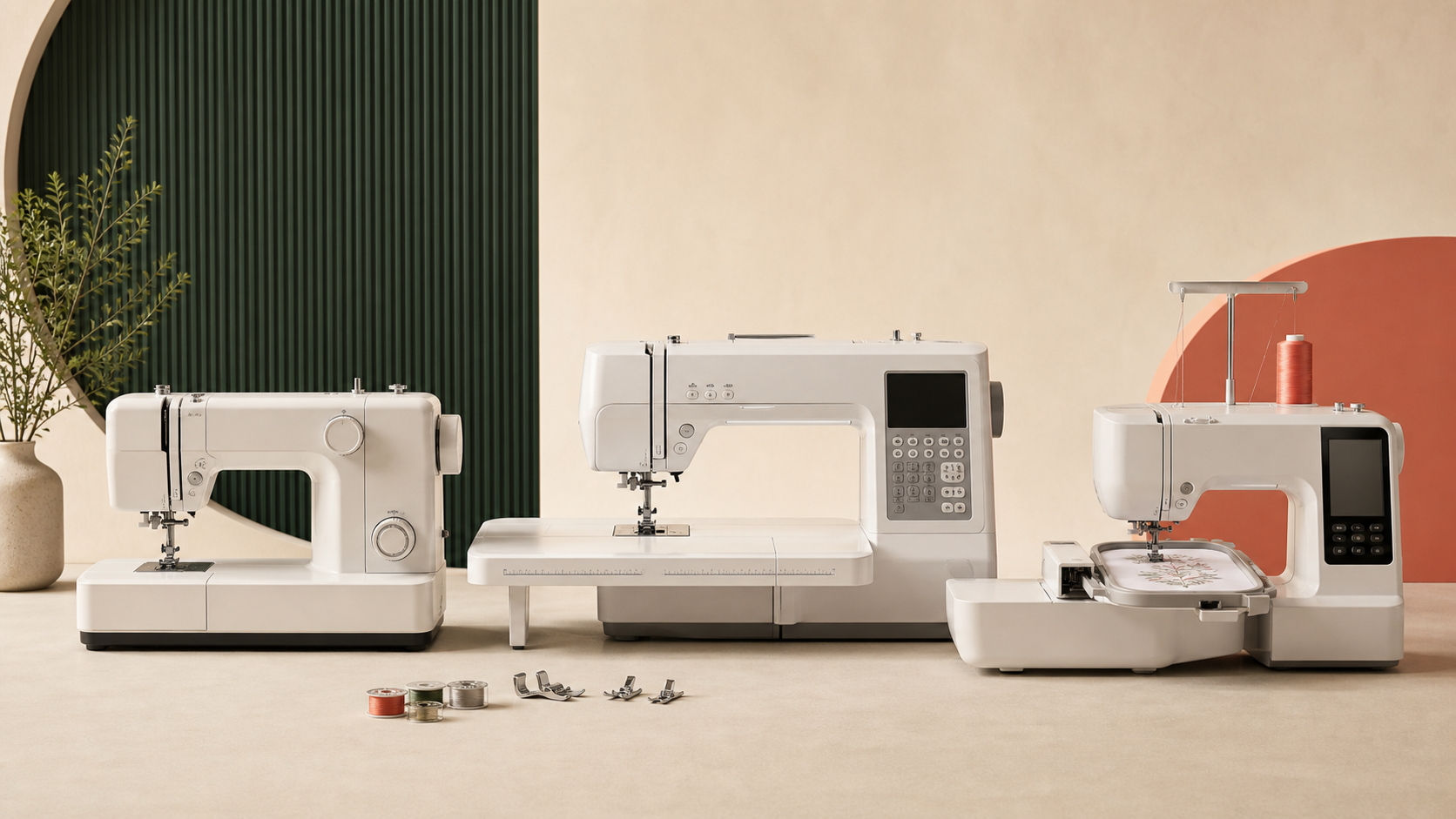 Three complete unbranded sewing machines in a professional studio setting